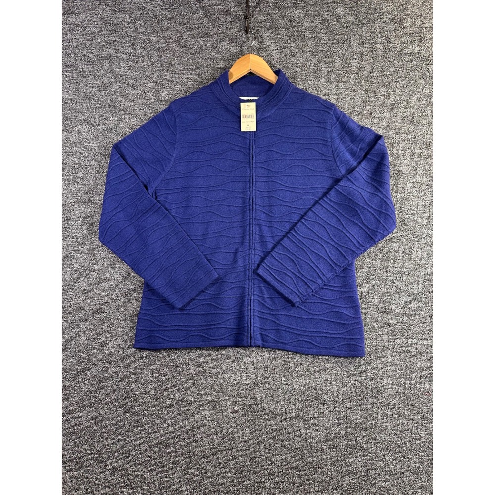 Coldwater Creek Wavy Stripe Cardigan Royal Blue Full Zip Mock Neck Sweater M NEW